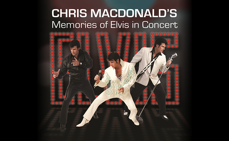 Chris MacDonald's Memories of Elvis In Concert, Chris in three classic Elvis outfits and poses, a large red ELVIS sign behind him. 