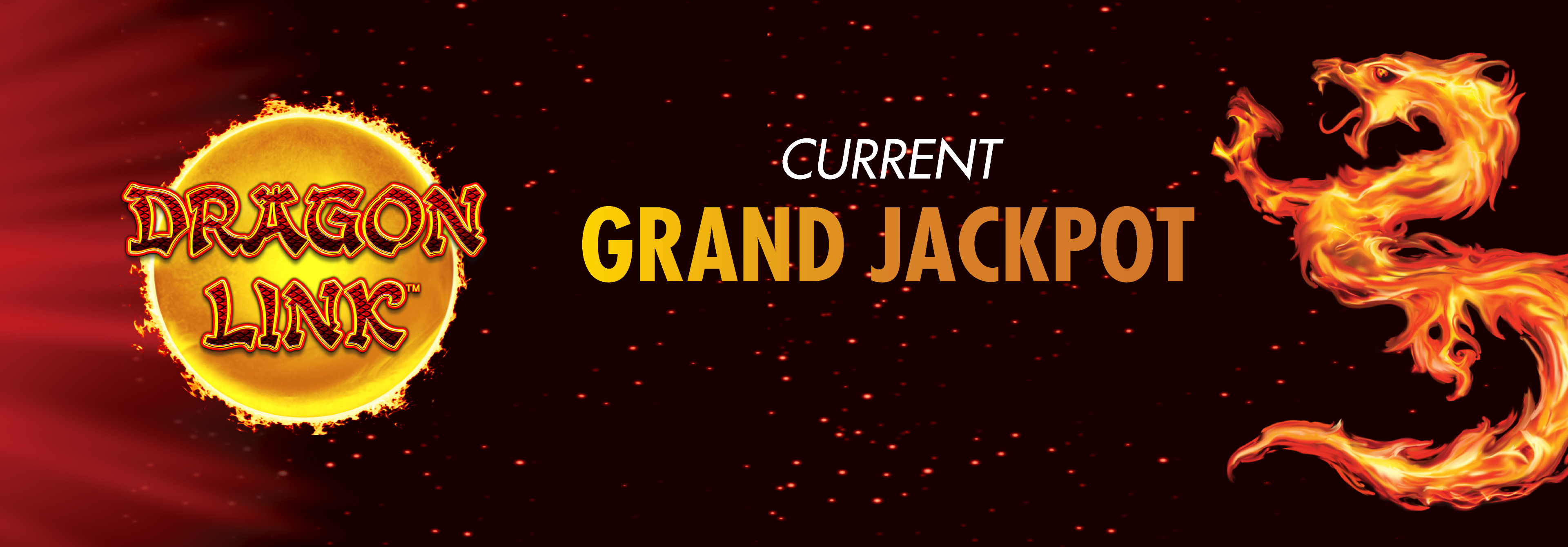 Dragon Link logo on left with firey dragon on right. Text of "Current Grand Jackpot" overlayed on image.