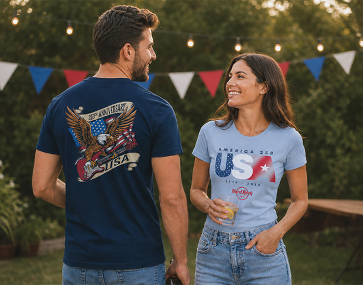 Man and women laughing wearing Rock Shop merch.