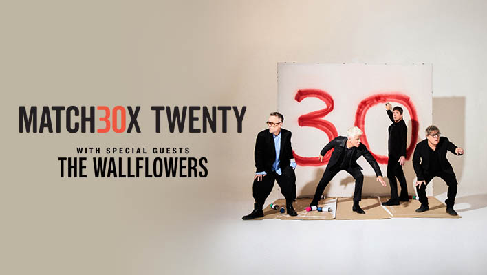 Matchbox 20 30th Anniversary Tour Promotional Material with band members standing in front of a sign that reads 30 in bold, red painted text