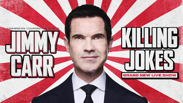 A red and white striped promotional image featuring Jimmy Carr