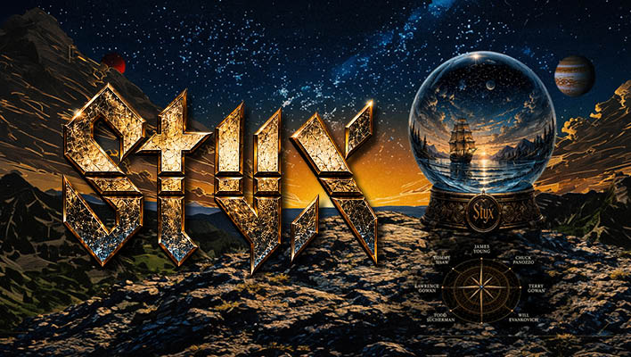 Styx 2027 tour promotional shot featuring a snowglobe sitting on a rocky terrain with a sailing ship inside. The word STYX is in large letters as well. A compass rose style ornament with the band members names also appears