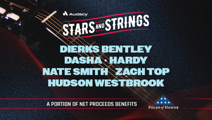Audacy Stars and Strings at Seminole Hard Rock Hollywood featuring Dierks Bentley, Dasha, Nate Smith, Zach Top, Hudson Westbrook, and more. A portion of net proceeds benefits Folds of Honor