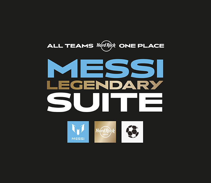 All Teams One Place Hard Rock Messi Legendary Suite with Messi, Hard Rock and Soccer logo badges