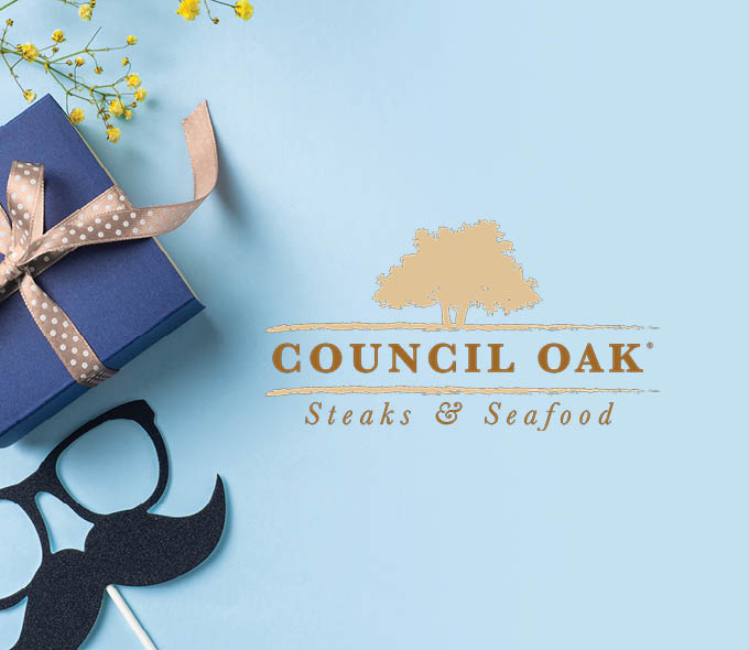 A Father's Day promotional image for Cipresso featuring a blue gift box with a tan polka-dot ribbon, decorative yellow wildflowers, and a novelty glasses-and-mustache photo prop on a light blue background, with the Council Oak Steak & Seafood logo