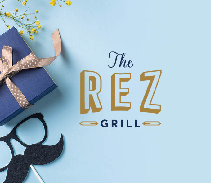 A Father's Day promotional image for Cipresso featuring a blue gift box with a tan polka-dot ribbon, decorative yellow wildflowers, and a novelty glasses-and-mustache photo prop on a light blue background, with the The Rez Grill logo