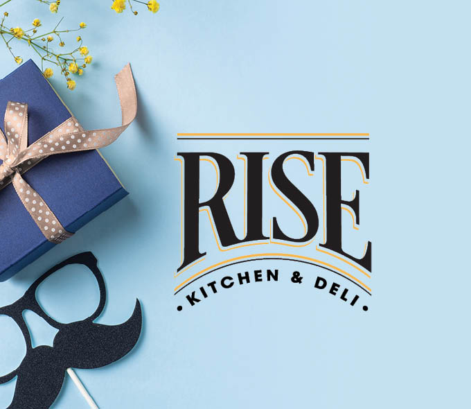 A Father's Day promotional image for Cipresso featuring a blue gift box with a tan polka-dot ribbon, decorative yellow wildflowers, and a novelty glasses-and-mustache photo prop on a light blue background, with the Rise Kitchen & Deli logo