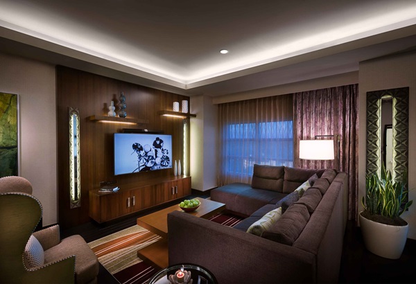 Stylish and spacious living room in West Tower Grand Suite at Seminole Hard Rock Hotel & Casino Tampa