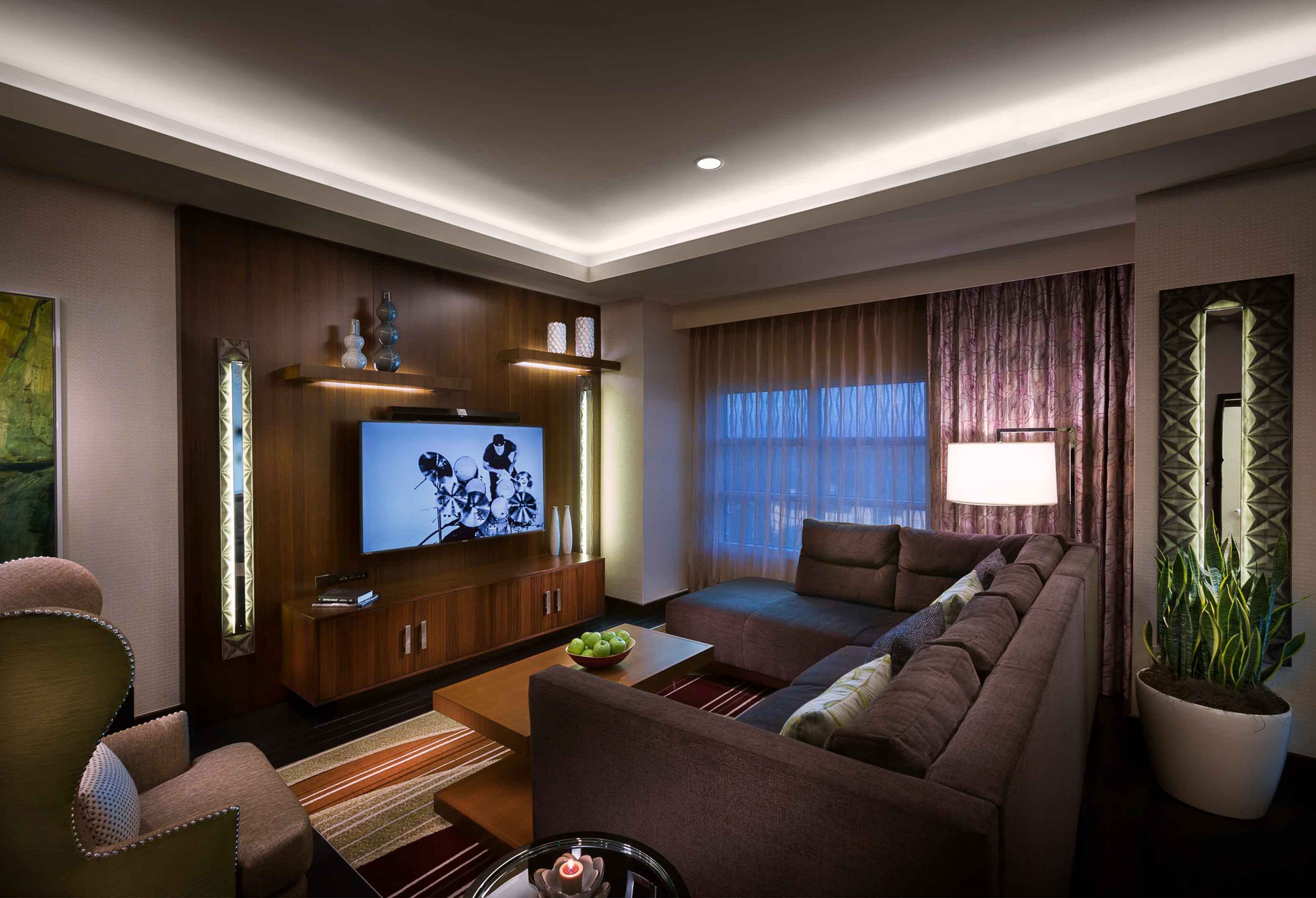 Stylish and spacious living room in West Tower Grand Suite at Seminole Hard Rock Hotel & Casino Tampa