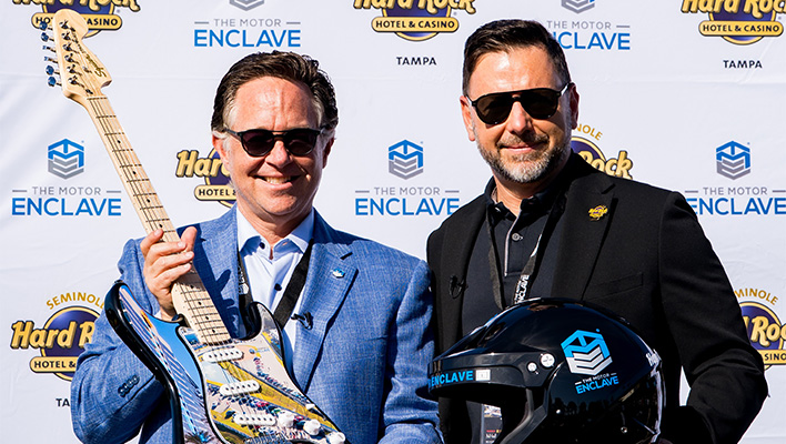 Motor Enclave Founder & CEO Brad Oleshansky (left) and Seminole Hard Rock Hotel & Casino Tampa President Travis Lunn (right)